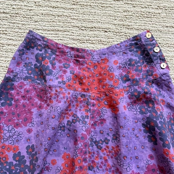 Cut Loose Midi Skirt A-Line Floral Purple Pink Linen Buttons Women's S Low Rise - Picture 3 of 8